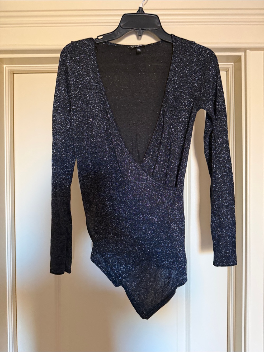 Topshop Metallic Navy Deep V Long-Sleeve Bodysuit
